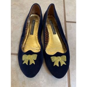 But Another Innocent Tale Navy Velvet Gold Bow Ballet Flats Slip On Womens 9